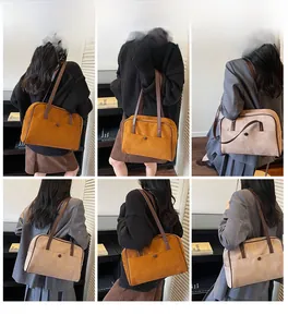 Multiple views of vintage suede tote bags in brown and apricot on female models