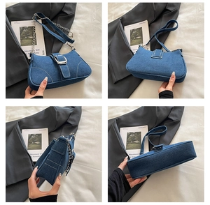 Détails sous quatre angles du sac en jean avec boucle argentée et chaîne décorative