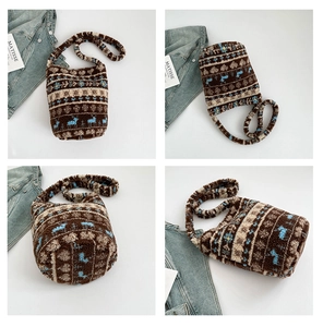 Detailed views of a plush knitted bucket bag with blue deer pattern and warm fleece texture