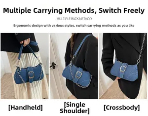 Sac baguette en denim avec trois styles de portage : à la main, à l'épaule et en bandoulière