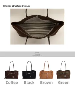 Detail of striped lining, magnetic closure, and four color options for retro tote bag
