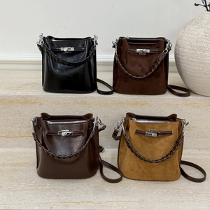 Retro Vintage Damen Beuteltasche PU-Leder Wildleder Geflochtener Griff Metalldrehverschluss Große Kapazität Schultertasche Handtasche