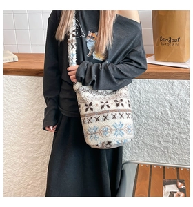Detail of plush crossbody bag featuring Nordic snowflake patterns and soft fleece texture