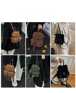 Detailed views of corduroy backpack with retro buckles and dual front pockets