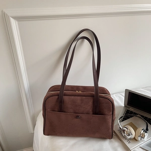 Vintage dark brown faux suede shoulder bag for women with large front pocket and long handles
