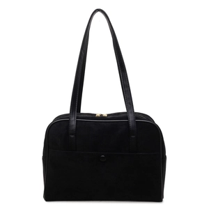 Vintage black faux suede shoulder bag with top handle and front snap pocket for women