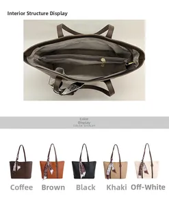 Detail view of large tote bag interior and color display in five elegant shades