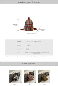 Size chart showing a plush plaid backpack in black, burgundy, and green with dimensions