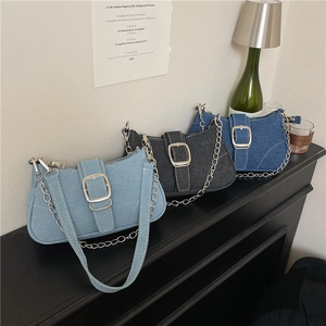 Sac Baguette En Denim Pour Femmes Sac Sous L'Aisselle Avec Boucle En Métal Et Chaîne Y2K Rétro