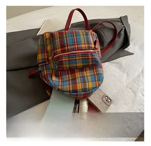 Detailed interior storage view of mini plaid backpack with colorful tartan fabric patterns