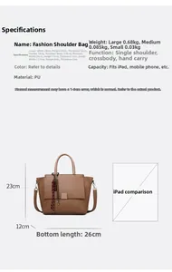Size chart showing PU leather tote bag dimensions and iPad capacity for three bag sizes