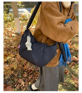 Detail of black quilted puffer dumpling bag with Fashion label and zip closure