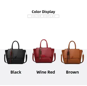 Three-piece tote bag set in black, wine red, and brown colors with litchi grain texture