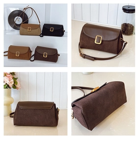Detail view of vintage flap crossbody bag with square gold buckle and adjustable strap