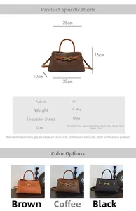 Detail view of woven texture PU leather handbag with X-shaped metal buckle and dimensions