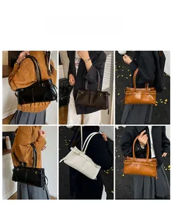 Collage of chic leather shoulder bags in black, brown, tan and white on model