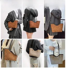 Multiple views of large suede tote bags with quilted stitching and gold hardware details