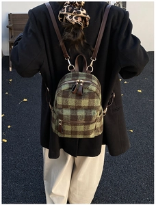 Retro plaid wool tweed mini backpack with leather straps shown in an outdoor autumn setting