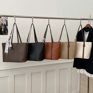 Large Capacity PU Leather Tote Bag With Satin Scarf Decor Urban Minimalist Commuter Shoulder Bag Retro Fashion Women Handbag