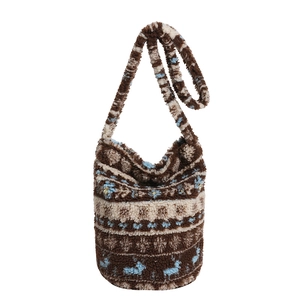 Plush brown crossbody bag with ethnic jacquard pattern and soft texture for winter