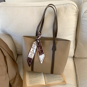 Fashion large capacity khaki tote bag with contrast brown straps and decorative scarf