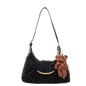 Minimalist black crescent shoulder bag with golden metal buckle and cute brown bear charm