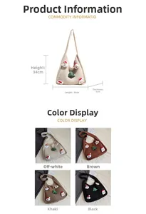 Detailed view of knitted Christmas tote bags with dimensions 34x34x5cm in four colors