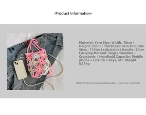 Detail view of handmade crochet flower bag showing dimensions 18x23x3cm with pearl strap