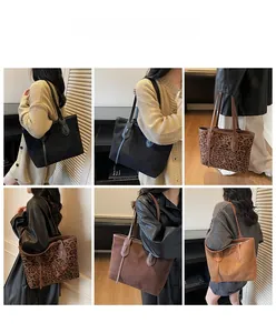 Collage of fashion leopard print tote bags shown on models in indoor lifestyle settings