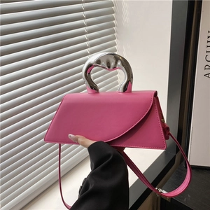 Magenta square handbag with unique silver metal handle and detachable strap for women