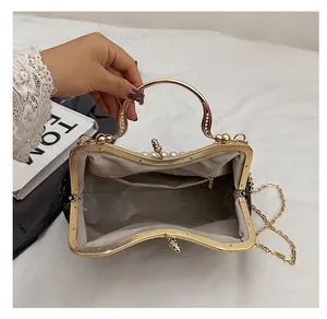 Detailed interior of vintage evening bag with golden handle and grey herringbone lining
