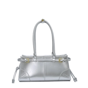 Sleek metallic silver underarm bag with Y2K aesthetic and decorative square buckle