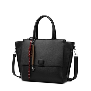Minimalist black lychee leather tote bag with handle and detachable shoulder strap