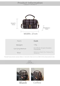 Tableau des tailles pour sac à main vintage à carreaux avec dimensions et bandoulière
