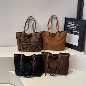 Large Capacity Tote Bag Suede Faux Leather Commuter Handbag Minimalist Retro Style Shoulder Bag For Women Leopard Black Brown