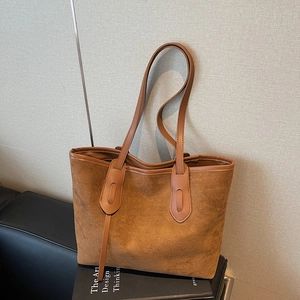 Minimalist brown suede tote bag with leather straps for women, professional commute style
