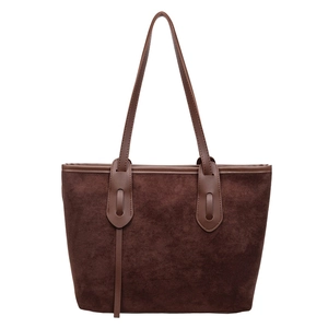 Deep brown leopard style suede tote bag with large capacity and smooth leather trim