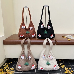 Christmas Knitted Tote Bag Chunky Knit Large Capacity Shoulder Bag Dimensional Holiday Figure Decor Winter Casual For Women