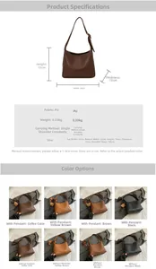 Size guide for PU crossbody bag showing dimensions 22x19x13cm and four color options