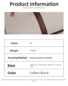 Size chart showing large canvas tote bag dimensions 34x24x13cm and 0.54kg weight