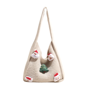 Knit Christmas tote bag with plush Santa and tree icons in minimalist beige style