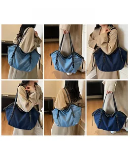Multi-angle view of large denim tote bag in dark and light blue with leather straps