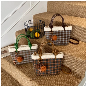 Retro Plaid Tweed Handbag With Faux Lamb Wool Trim Knot PU Leather Handle Crossbody Bag For Women Autumn Winter Style