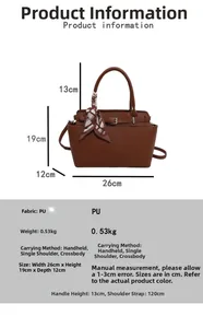 Detailed dimensions of brown pebble leather tote bag with elegant silk scarf wrap