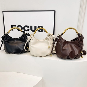 Pleated Ruched Crossbody Handbag With Gold Arch Metal Handle PU Leather Chic Trendy Minimalist Drawstring Shoulder Bag