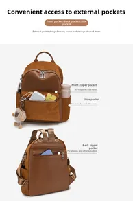 Brauner Lederrucksack im Detail mit Diebstahlschutztasche hinten und offenen Seitenfächern