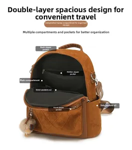 Detail eines braunen Wildleder-Rucksacks mit gesteppter Tasche und weichem Plüsch-Anhänger
