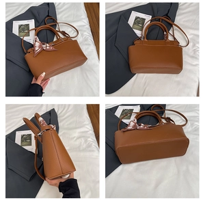 Detailed views of brown faux leather handbag with silk scarf from multiple angles
