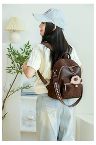 Details des kaffeebraunen Rucksacks mit gesteppter Tasche und Plüschbär-Anhänger am Model