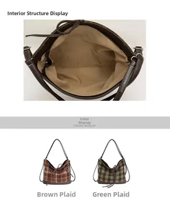 Detail view of large plaid tote bag interior lining and functional zipper pocket